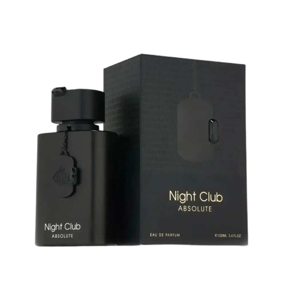 Black rectangular matte perfume bottle with silver logo night club absolute edp 100ml and matching box by fragrance world