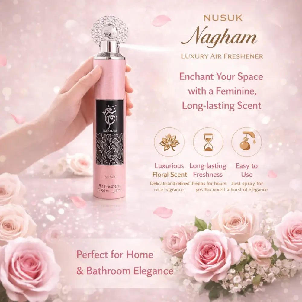 Nusuk Nargham air freshener with floral design and text on a pink background