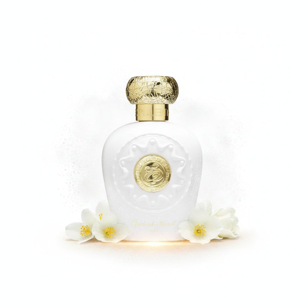 White perfume bottle with gold cap on a white background Opulent Musk 100m