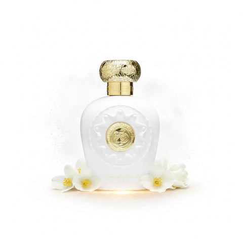 White perfume bottle with gold cap on a white background Opulent Musk 100m