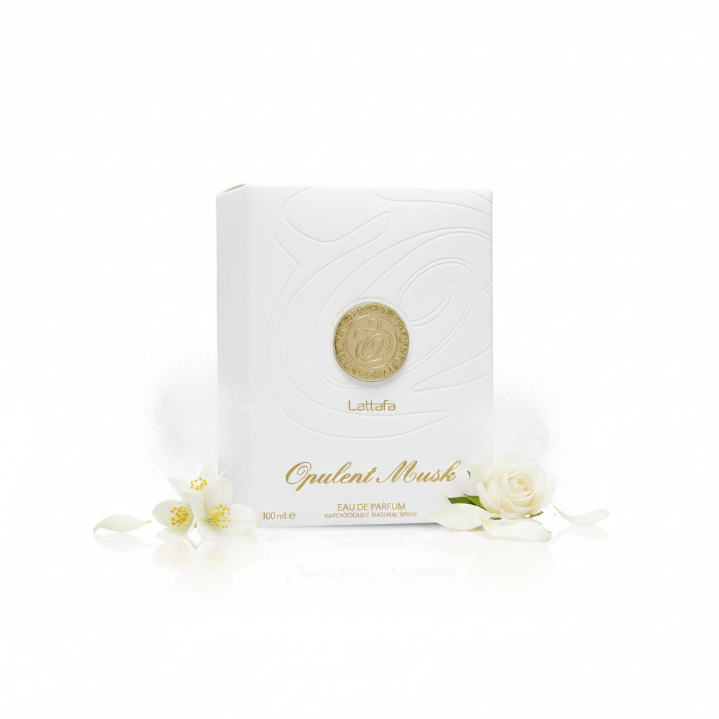 Lattafa Opulent Musk perfume box on a white background