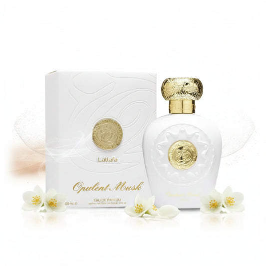 White and gold perfume bottle with packaging on a white background
