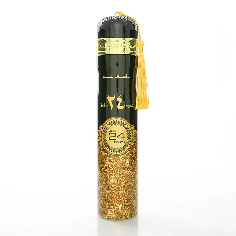 Black and gold Oud 24 hours air freshener, Ard Al Zaafaran 300ml with ornate swirls