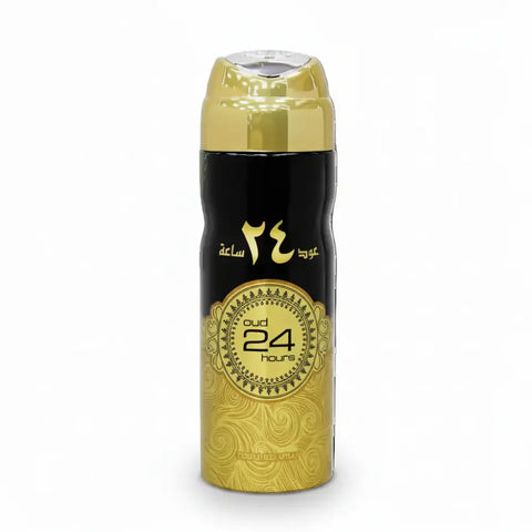 Oud 24 Hours Body Spray 200ml by Ard Al Zaafaran. Iconic oriental fragrance with cocoa, fruity & amber notes. Long-lasting freshness.