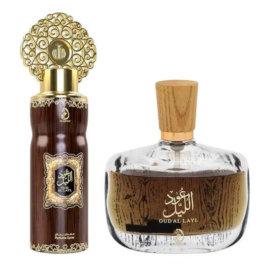 Luxury arabic fragrance oud al layl edp 100ml gold filigree spray bottle with dark wood and body spray gift set ard al zaafaran