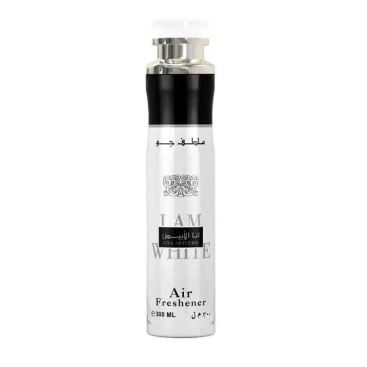 A 300 mL bottle of I AM WHITE Air Freshener, featuring a white body with black and silver accents, a black cap, and Arabic text on a plain white background.