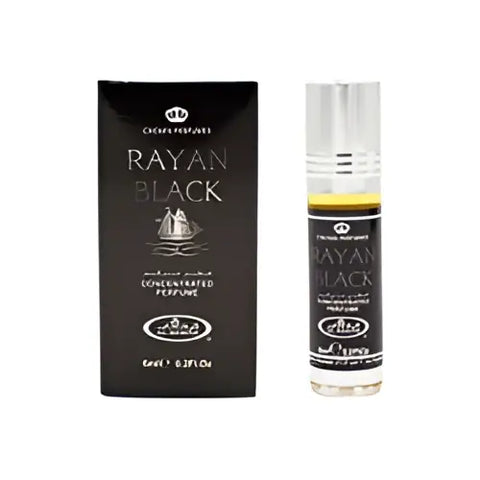 Rayan black concentrated perfume oil 6ml with black box gold lettering and silver bell emblem next to glass rollerball bottle