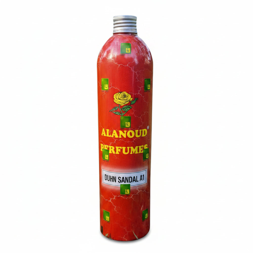 Red bottle of Alanoud Perfumes on a white background