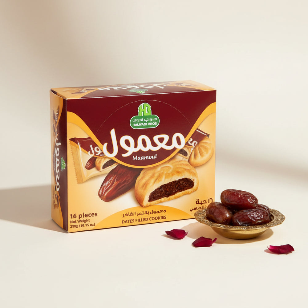 Box of Halwani Bros Maamoul cookies with dates and cookies on packaging