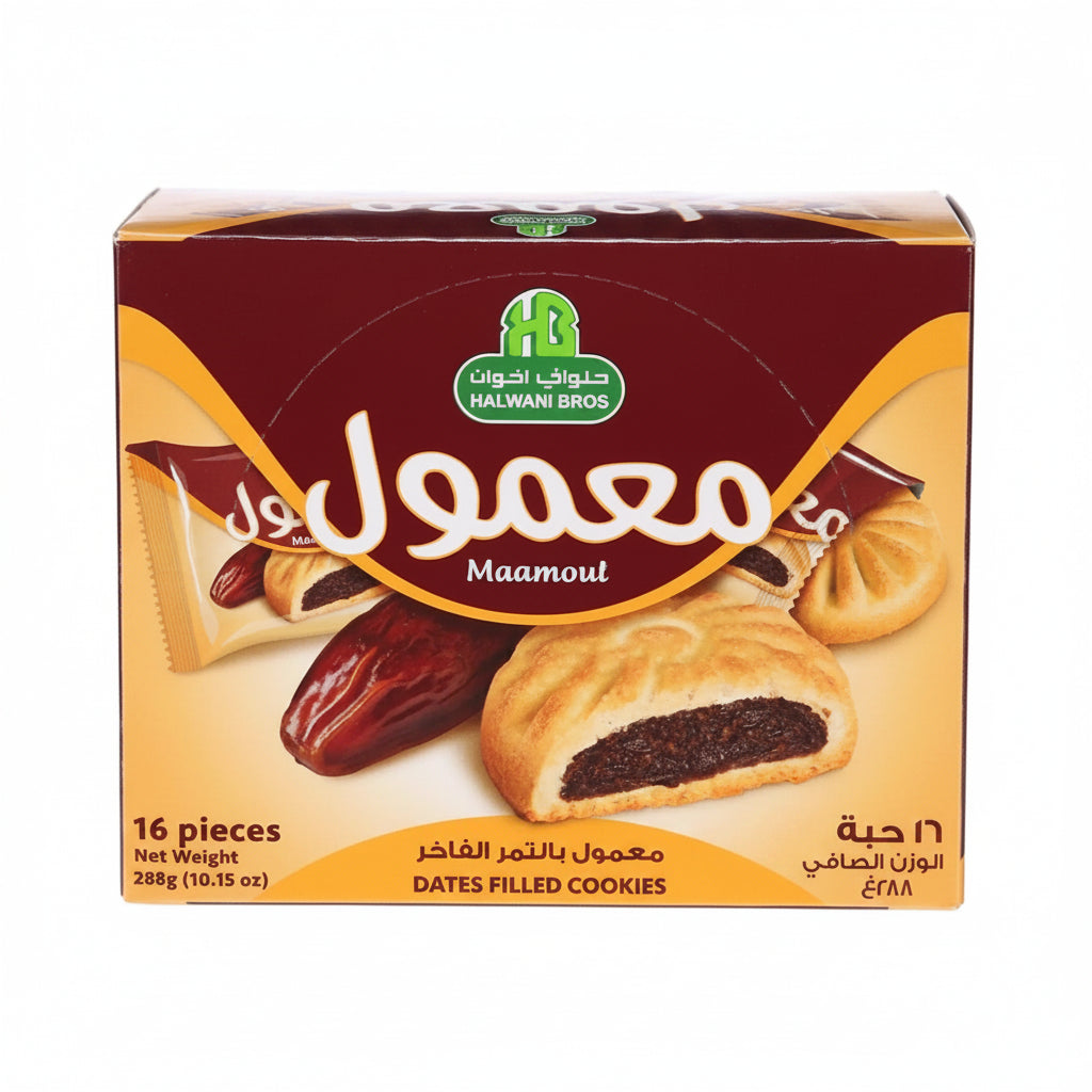 Box of Halwani Bros Maamoul cookies with dates and cookies on a white background