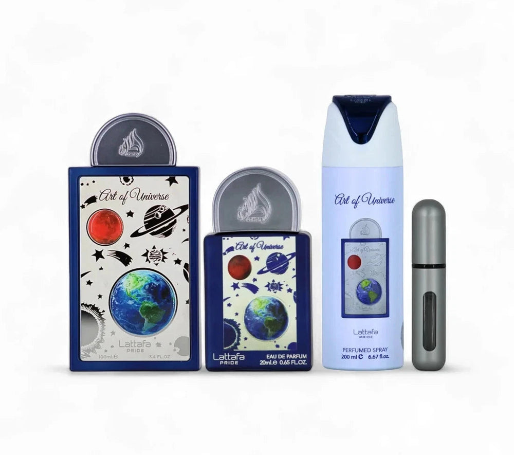 A set of La Prairie 'Eit of Universe' fragrance items on a white background, including a large blue box, a matching blue perfume bottle, a tall light blue spray bottle, and a small gray atomizer.Art of Universe – Citrus Aromatic EDP Gift Set 100ml + 20ml + 200ml – Lattafa