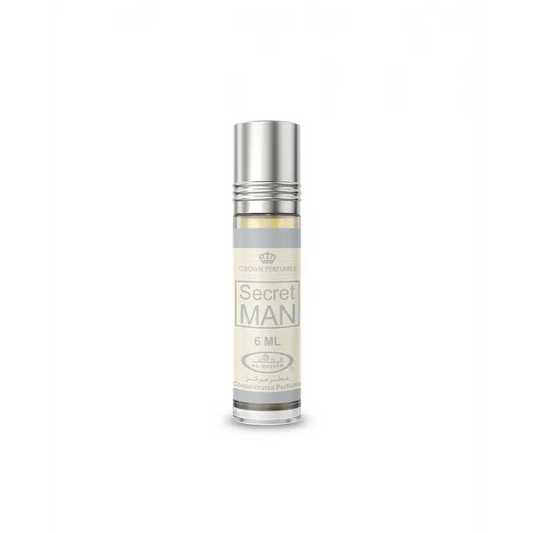 Silver-topped roll-on concentrated perfume oil secret man by crown perfumes in 6 ml clear glass bottle with gray label