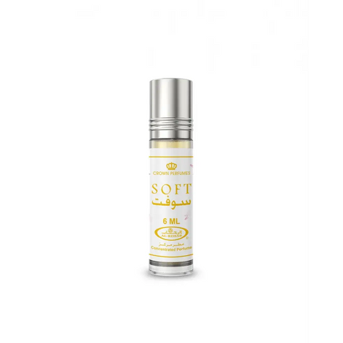 A sleek silver roll-on concentrated perfume oil bottle soft cpo 6ml by crown perfumes with gold text on white label