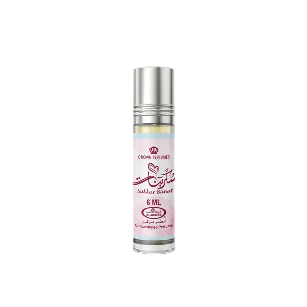 A sleek glass rollerball bottle with silver cap and pink label containing 6ml sukkar banat concentrated perfume oil