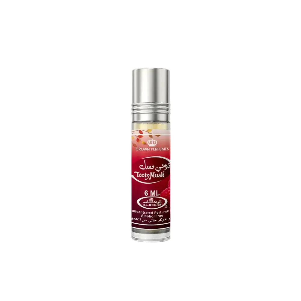 A sleek silver-topped roll-on perfume bottle of fruity floral tooty musk by crown perfumes 6ml alcohol-free fragrance
