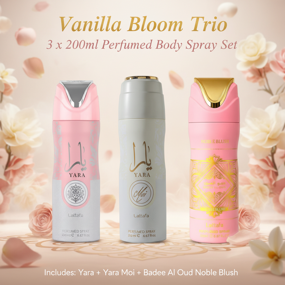 Three perfume body spray bottles from the Yara brand arranged together under the text 'Vanilla Bloom Trio 3 x 200ml Perfumed Body Spray Set.' The bottles are pink, white, and gold-toned, with floral decorations in the background.