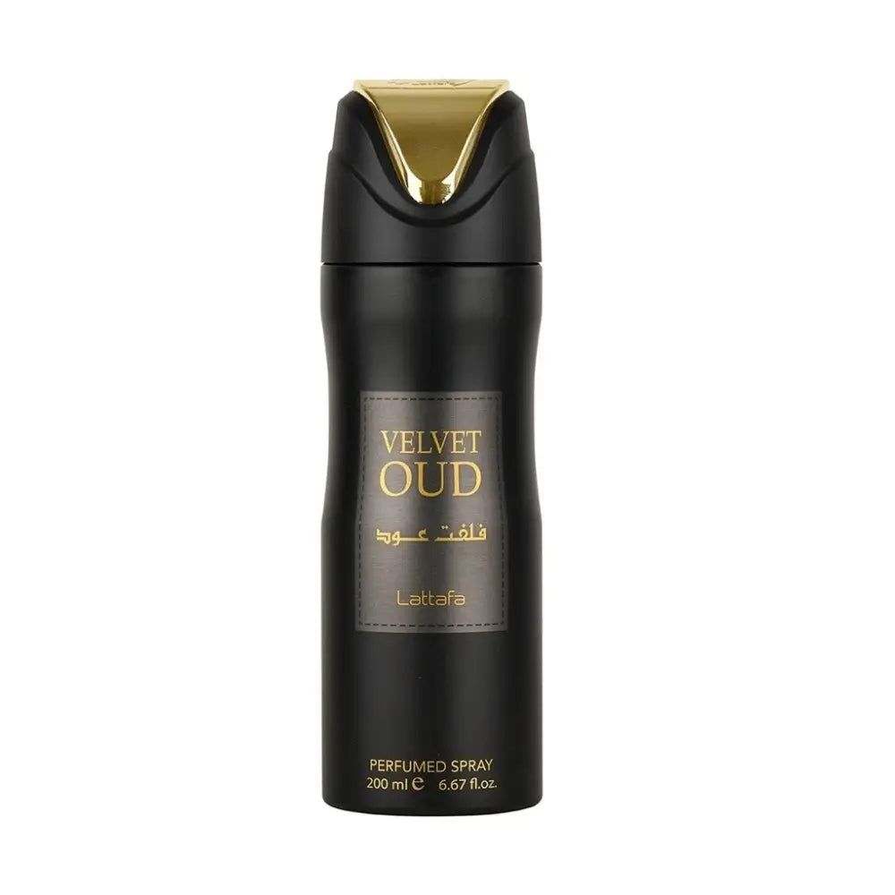 Black cylindrical perfumed body spray bottle with gold cap labeled lattafa velvet oud for luxurious fragrance use