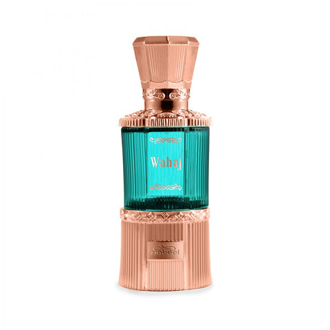 A perfume bottle with a ribbed rose gold metallic base and cap, and a translucent teal green ribbed glass center section. The bottle is labeled 'Wahaj' and has 'SINAROO' embossed on the lower base, set against a plain white background.Wahaj Concentrated Perfume Oil 20ml – Nabeel