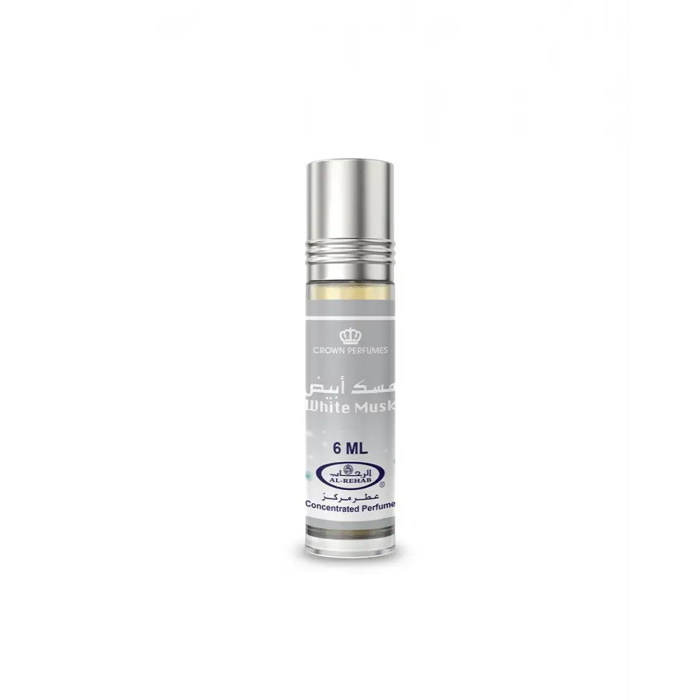 Silver-topped glass rollerball bottle of al rehab white musk concentrated perfume oil 6 ml by crown perfumes
