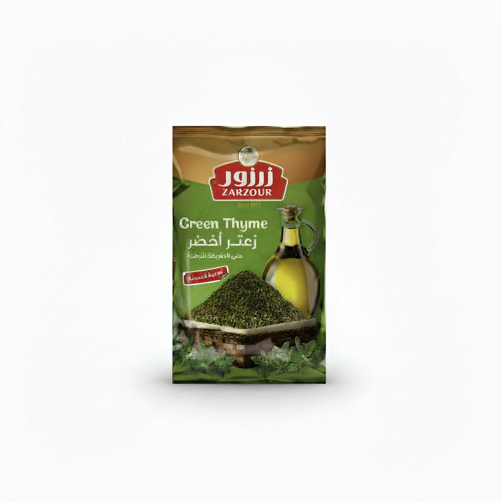 Zarzour green thyme zaatar 400g packet with vibrant green and gold design featuring fresh thyme leaves and olive oil for jordanian recipe