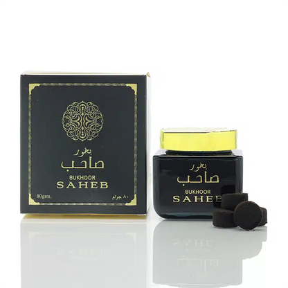 Bukhoor Saheb product with packaging on a white background