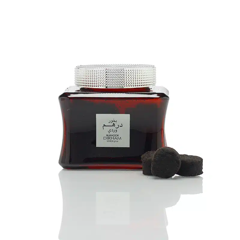 Perfume bottle with silver cap and black container on a white background