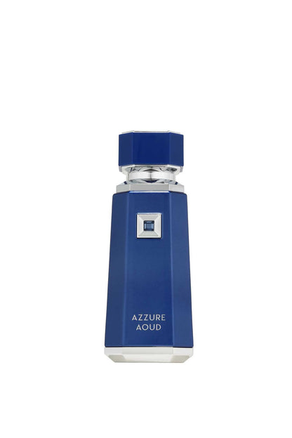 Blue perfume bottle labeled 'Azzure Aoud' on a white background