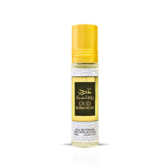Roll-on perfume bottle labeled 'Oud Romance' on a white background
