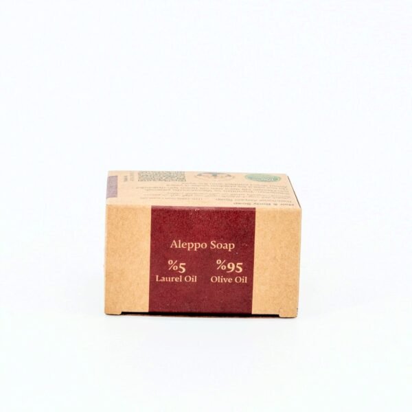 Box of Aleppo Soap with laurel and olive oil percentages on a white background