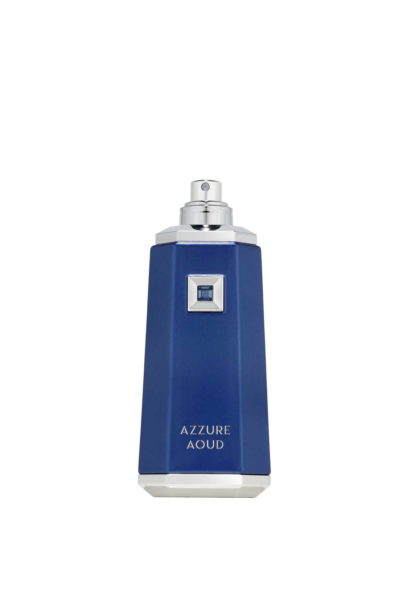 Blue perfume bottle labeled 'Azzure Aoud' on a white background