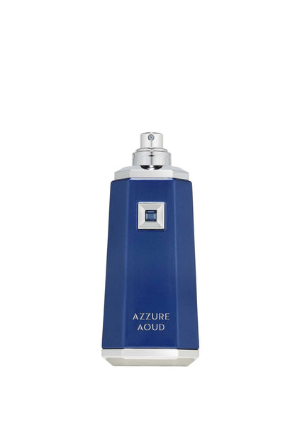 Blue perfume bottle labeled 'Azzure Aoud' on a white background