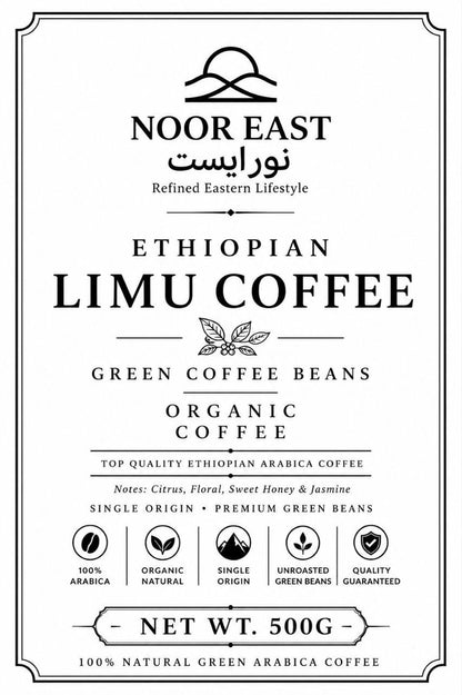 Label for Ethiopian Limu Coffee from Noor East on a white background