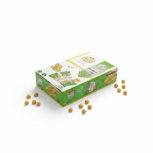 Green and white box with food packaging images on a green background