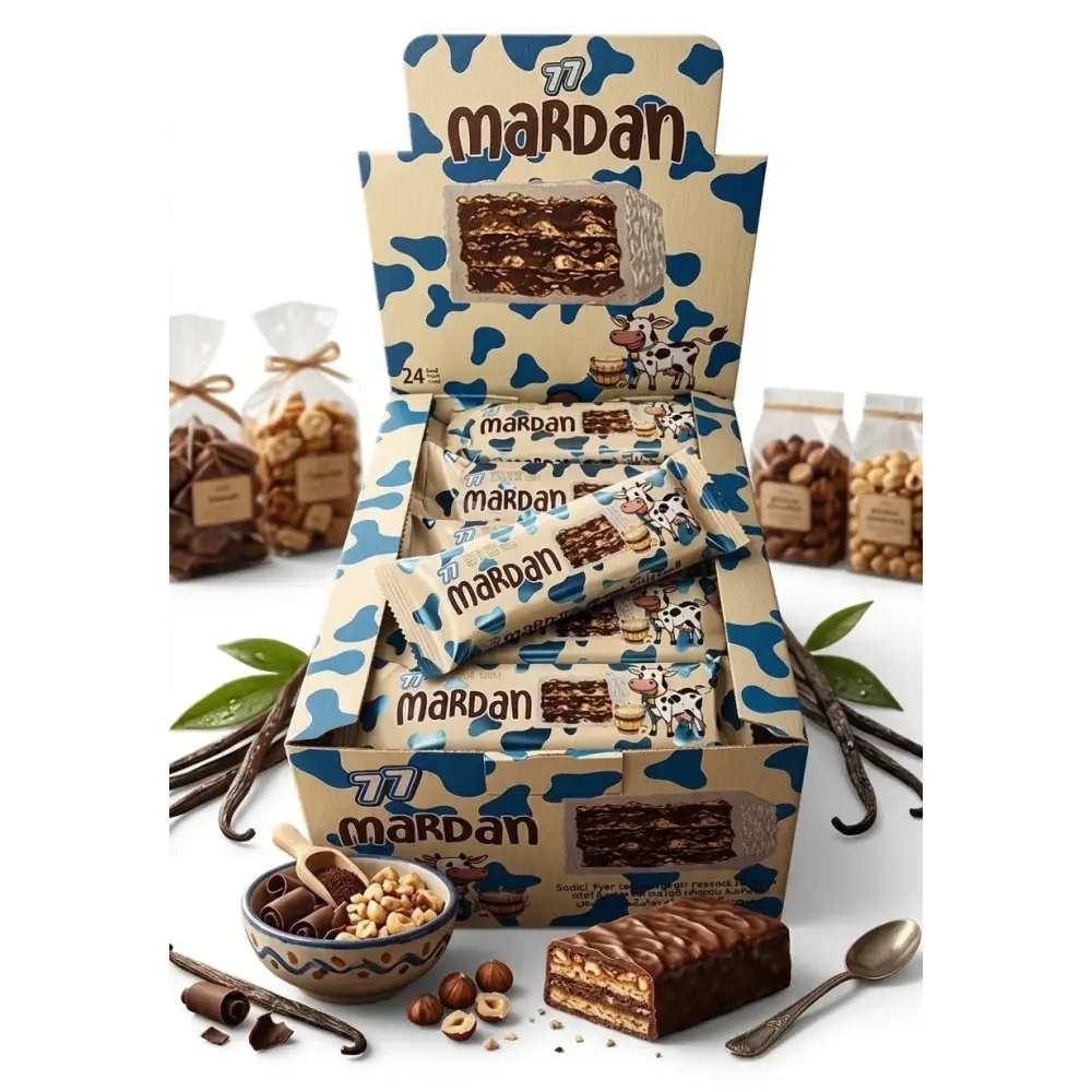 Mardan chocolate hazelnut wafer bar with layered dark chocolate nuts and caramel in a box of 24