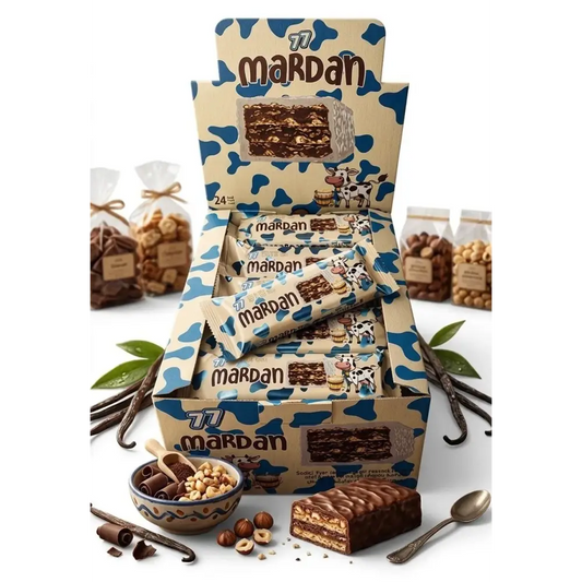 Mardan chocolate hazelnut wafer bar with layered dark chocolate nuts and caramel in a box of 24