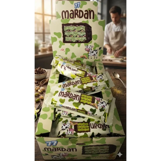 Green and white cow print wrapped mardan pistachio cream wafer bars in a matching box of 24 pistachio cream bars