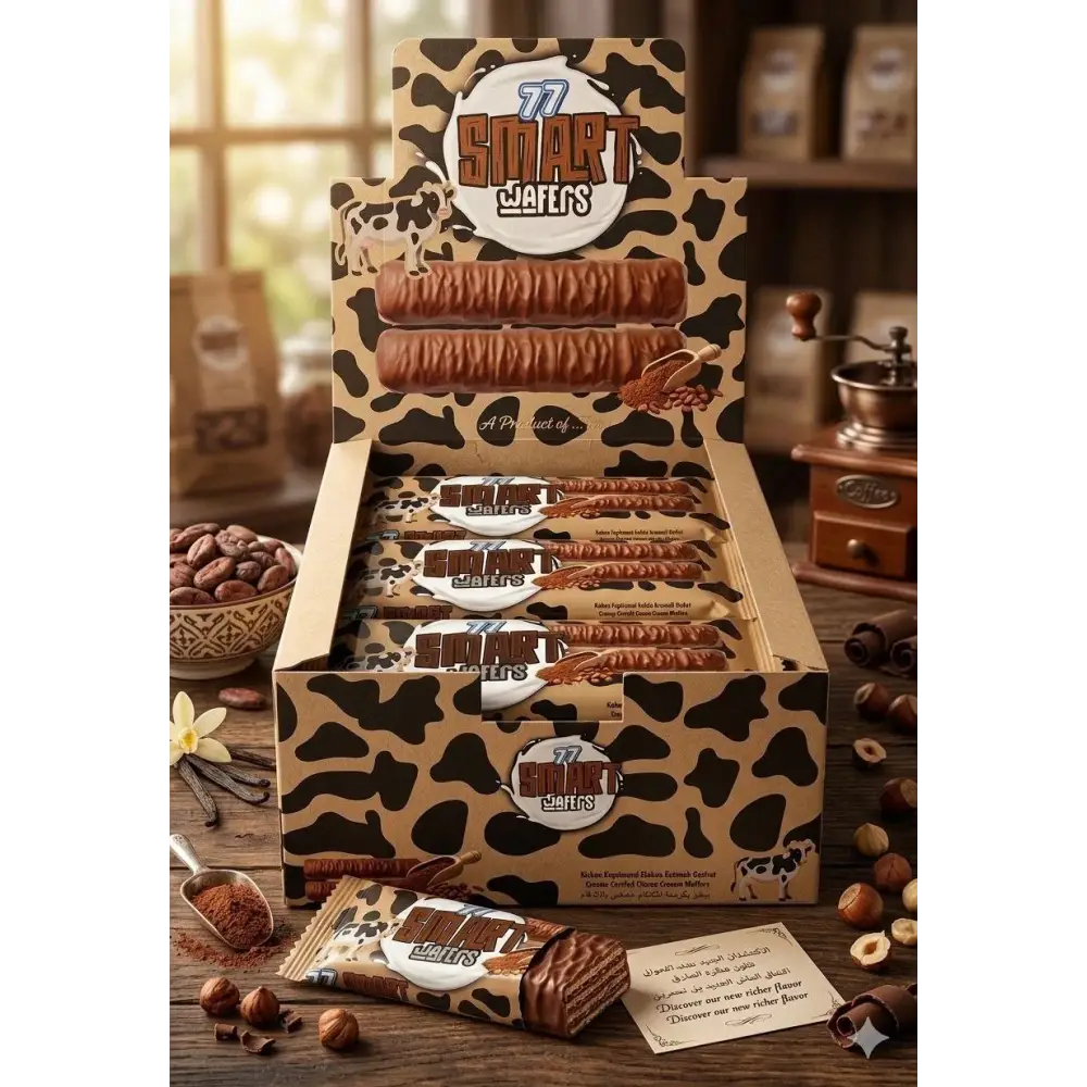 Caramel-coated cocoa cream smart wafers wafer rolls displayed in a cow-print cardboard box for easy storage