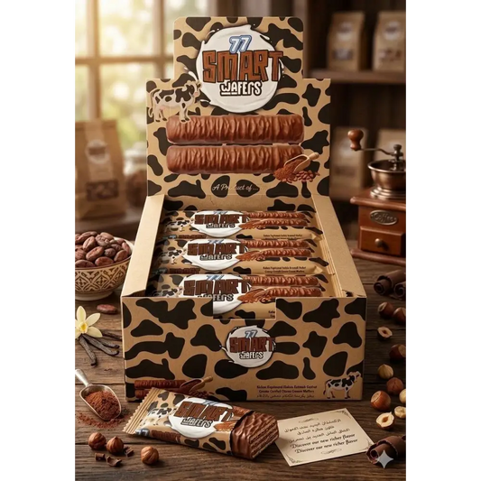 Caramel-coated cocoa cream smart wafers wafer rolls displayed in a cow-print cardboard box for easy storage