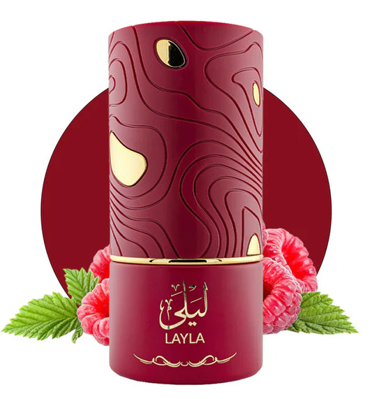 Red and gold perfume bottle with floral elements on a white background