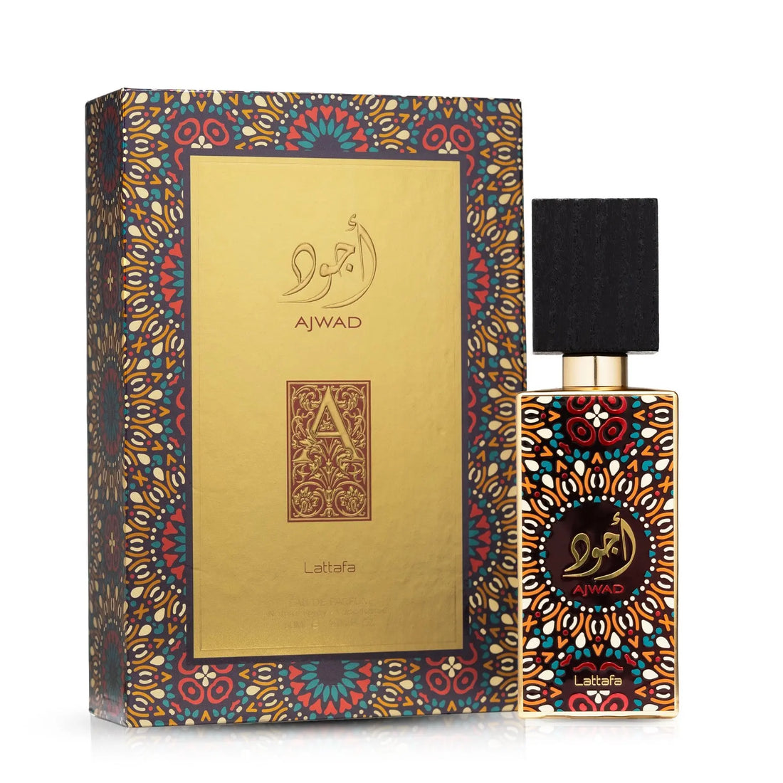 Perfume bottle and packaging with intricate designs and 'AJWAD' branding on a white background