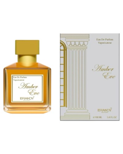 Brandy Amber Eve Eau De Parfum bottle with a gold cap next to its white and gold packaging box, shown on a plain white background.