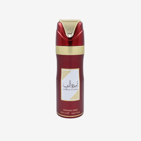A red cylindrical perfume bottle with a gold cap and a white label featuring Arabic text and the brand name 'AMIRAT ALLAH' on a light gray background.