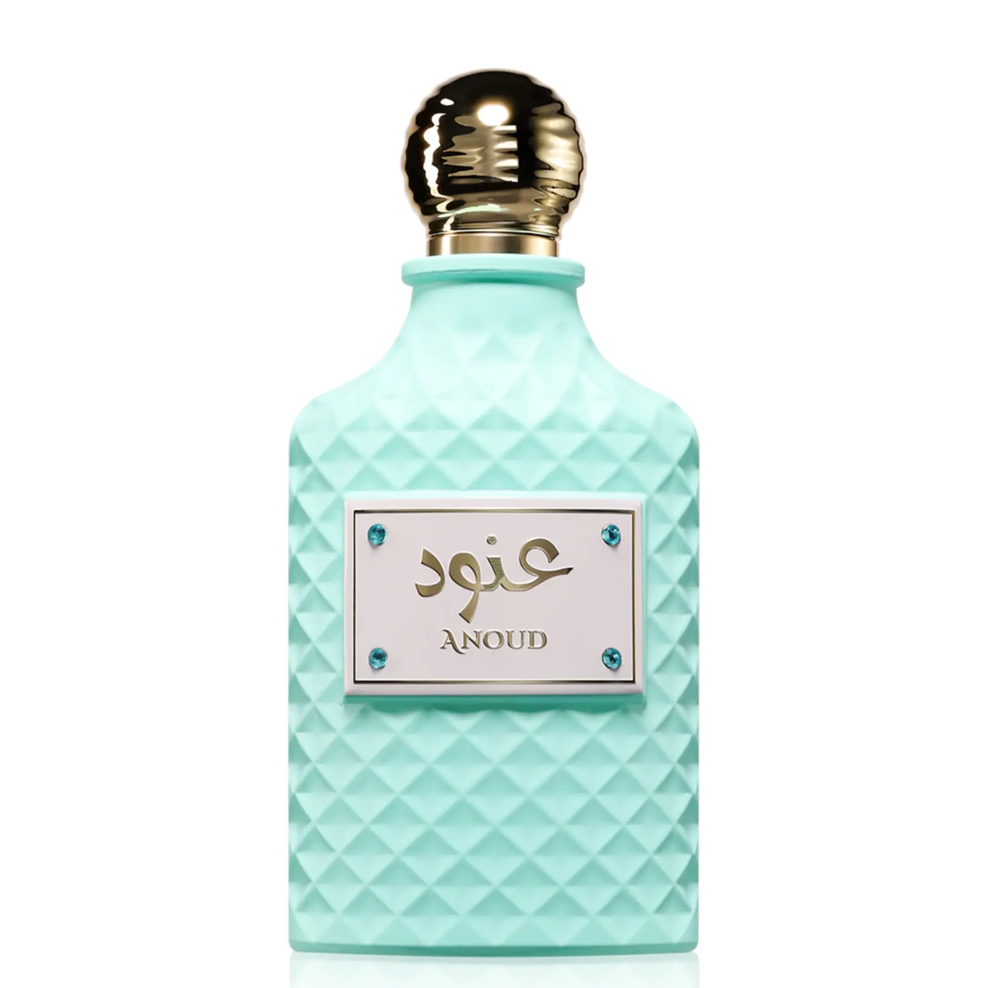 Perfume bottle with a gold cap on a white background
