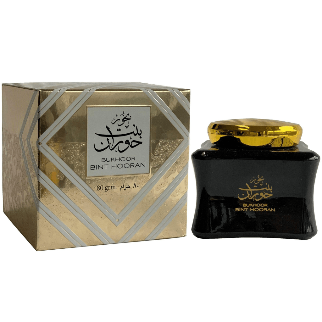 Perfume bottle and packaging of Bukhoor Bint Hooran on a white background