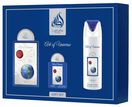 Lattafa Pride 'Art of Universe' gift set in a dark blue box, containing a silver-toned perfume bottle, a matching spray bottle, and a small card, all decorated with celestial and globe graphics.Art of Universe – Citrus Aromatic EDP Gift Set 100ml + 20ml + 200ml – Lattafa