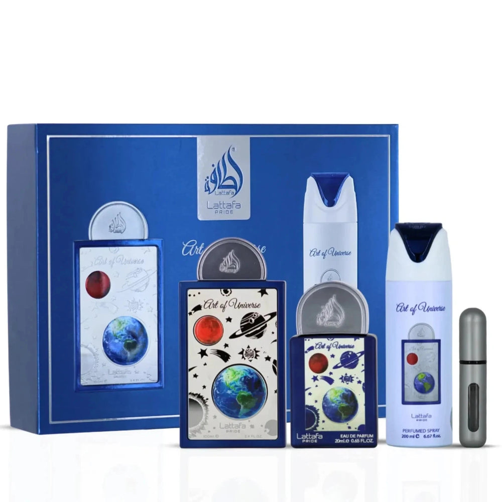 Lattafa perfume set with various bottles and packaging on a white background  Art of Universe – Citrus Aromatic EDP Gift Set 100ml + 20ml + 200ml – Lattafa