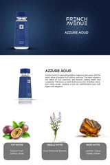 Azzure Aoud perfume bottle with product details and notes on a dark blue background