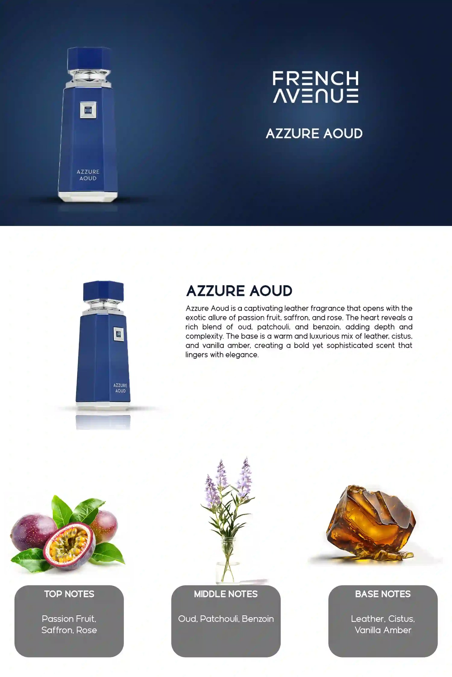 Azzure Aoud perfume bottle with product details and notes on a dark blue background