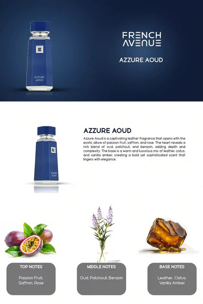 Azzure Aoud perfume bottle with product details and notes on a dark blue background