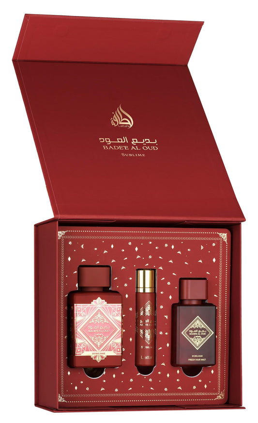 Badee Al Oud Sublime EDP Gift Set 100ml + 12ml + Hair Mist – Lattafa
